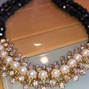 Fashion necklace, black beads with white pearls